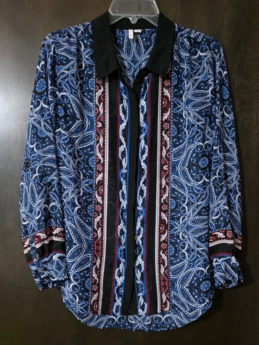 Cato Paisley Button-Down Shirt Sheer Roll Tab Sleeves Boho Bandana Size M